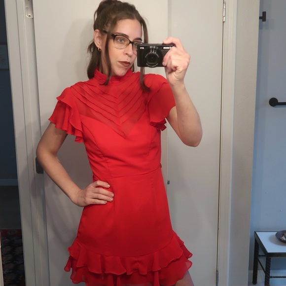 Saints + Secrets Red Ruffle Mini Dress High Neck Flutter Sleeve - Picture 6 of 16
